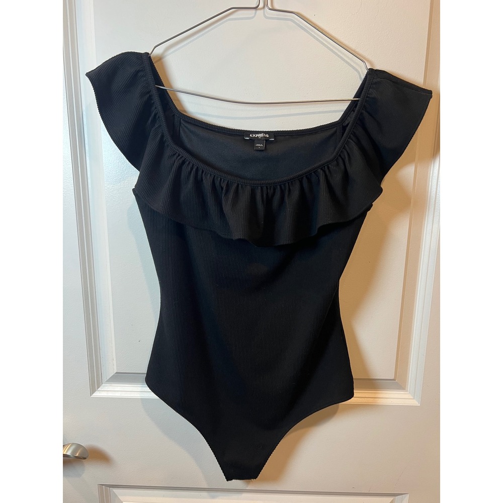 Express Womens Bodysuit Ruffle Off Shoulder Ribbed Black Small